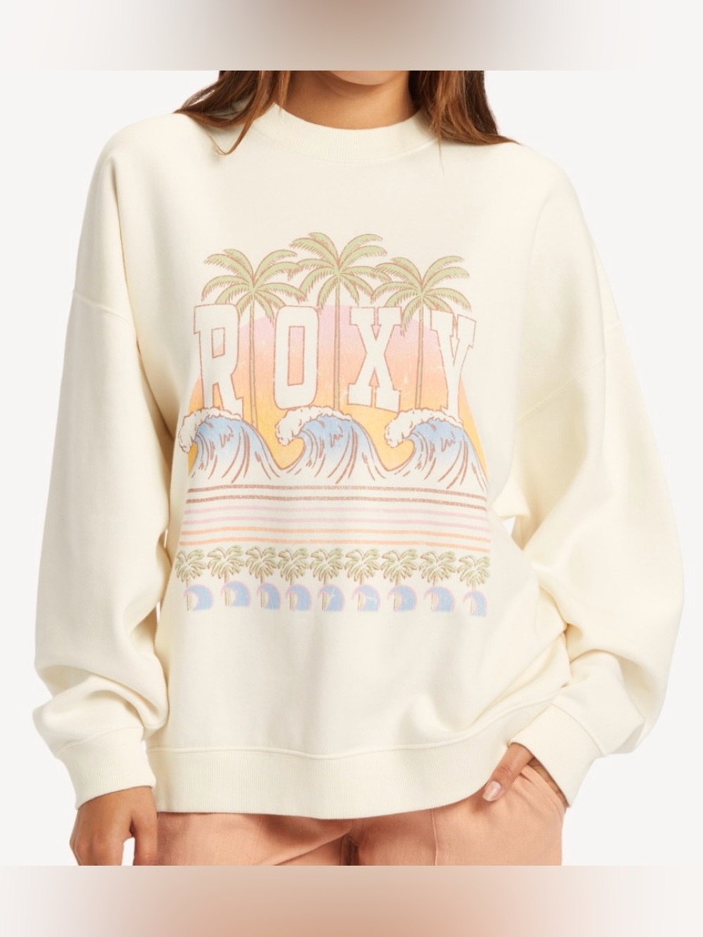 Roxy Lineup XL Oversized Graphic Sweatshirt Egret/Ivory Palm Trees Waves